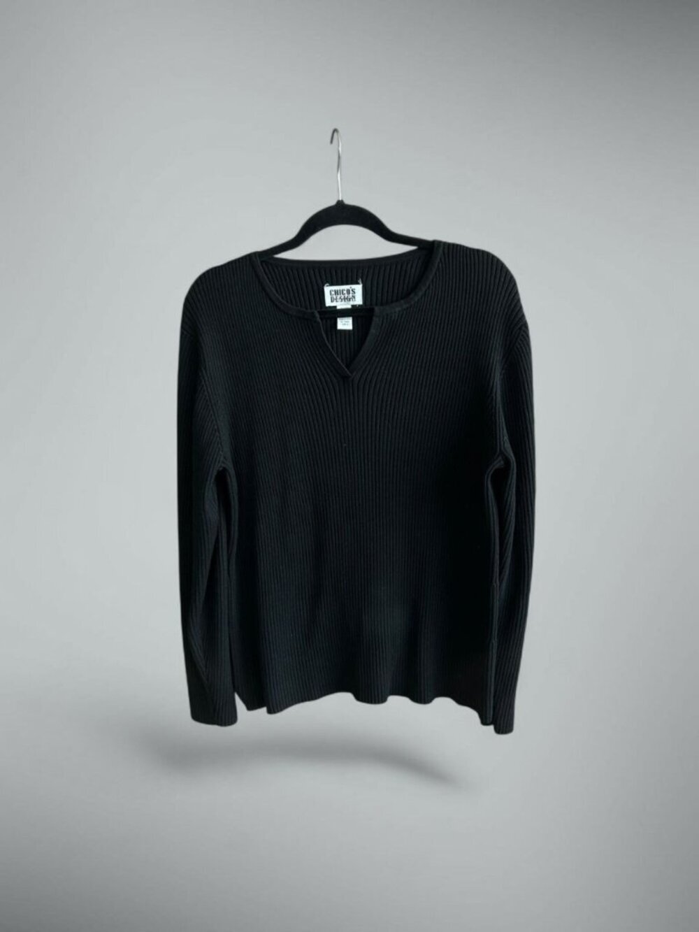 Chico's Design Vintage Black Silk Blend Sweater Ribbed Knit Split Neck Size L